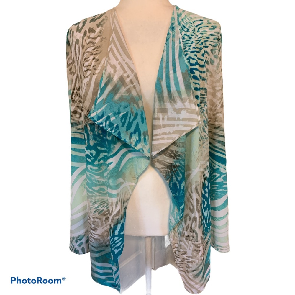 JM Collection Turquoise Jungle Print Open Front Shrug Sz PM